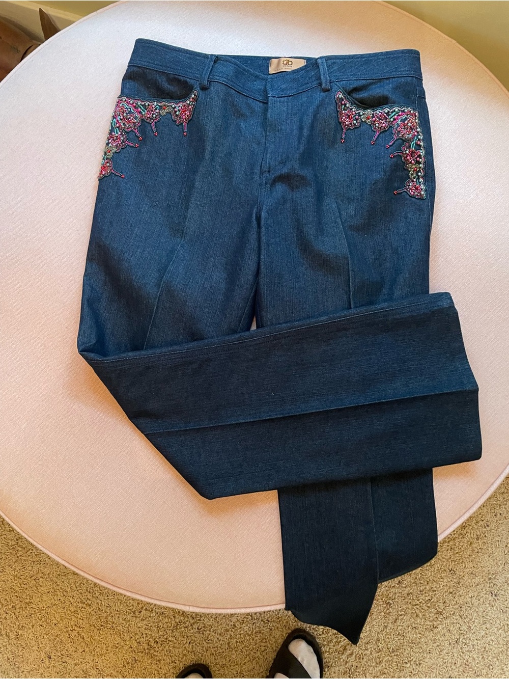 Dana Buchman Dark Blue Straight-Leg Jeans with Pink & Green Bead Embroidery sz10